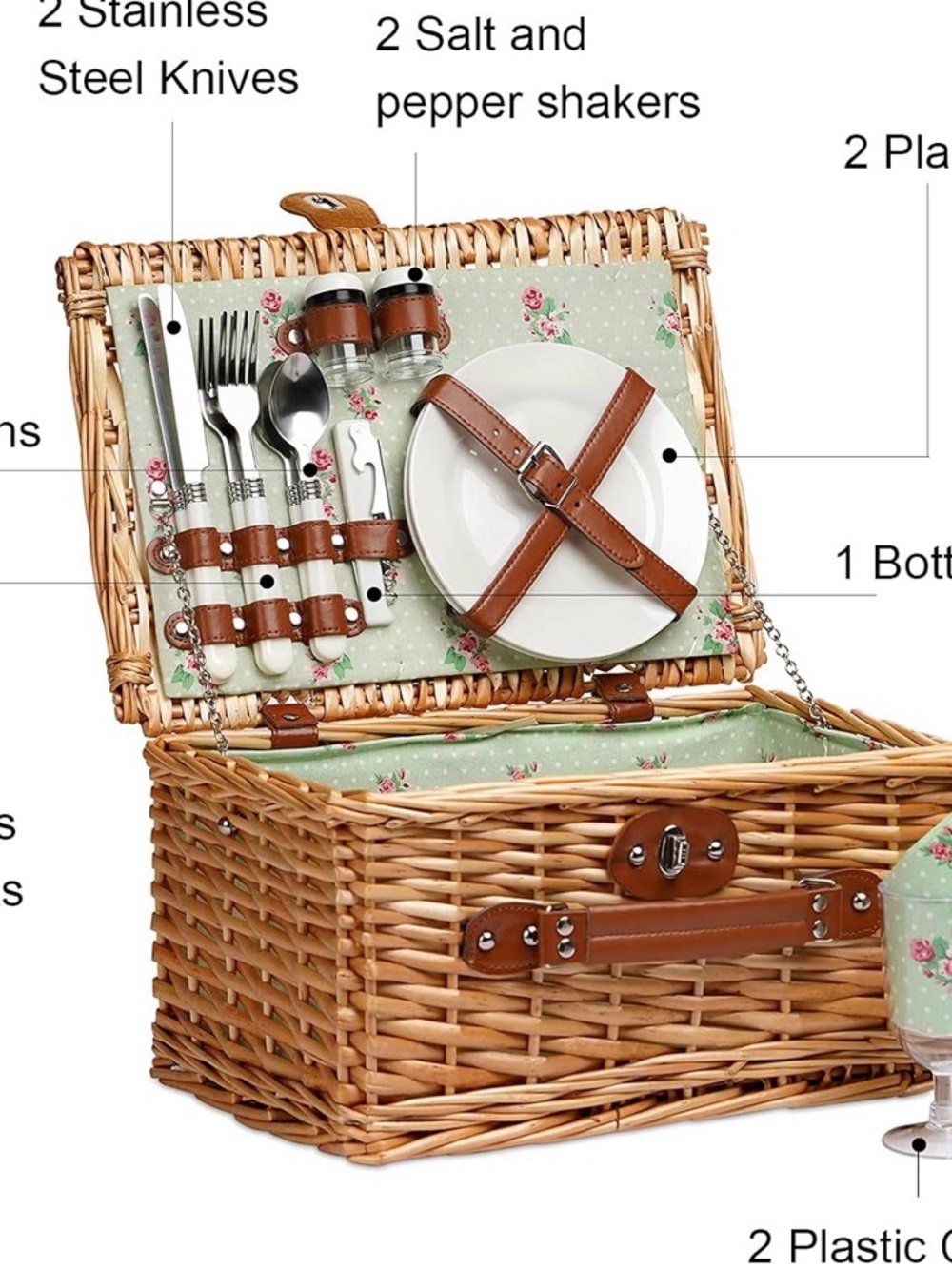 Wicker Picnic Basket Set with Green Floral Lining and Brown Straps